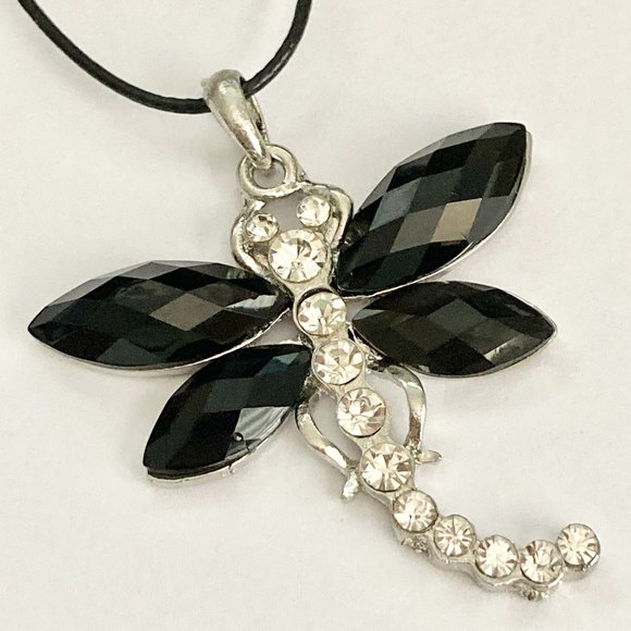 Vtg Dragonfly Necklace Pendant Insect Black Crystal Silver Plated Black Cord 18" - Picture 4 of 10